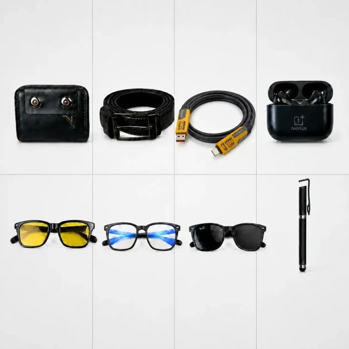 8 in 1 Men's Premium Combo – OnePlus Earbuds, Wallet, Belt, 4 in 1 Cable, Sunglasses & Touch Pen